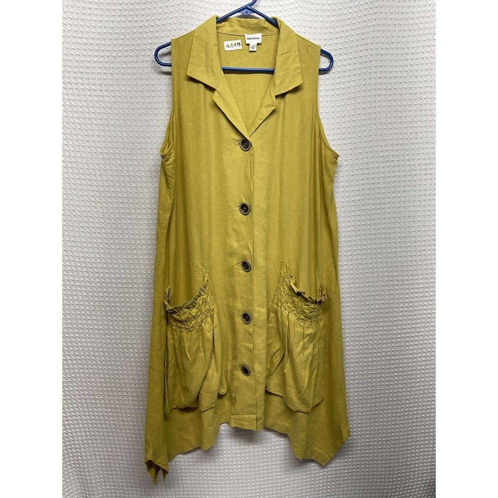 For Cynthia Large Linen Blend Shark Bite Hem Shirt Dress Patch Rushed Pockets